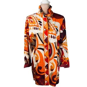 Patty Kim Button Up Tunic Top Womens Large Orange Psychedelic Paisley Cotton